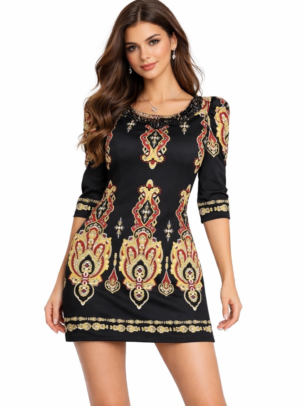 INC International‎ Concepts Mini Dress Womens Small Black Red Embellished Boho